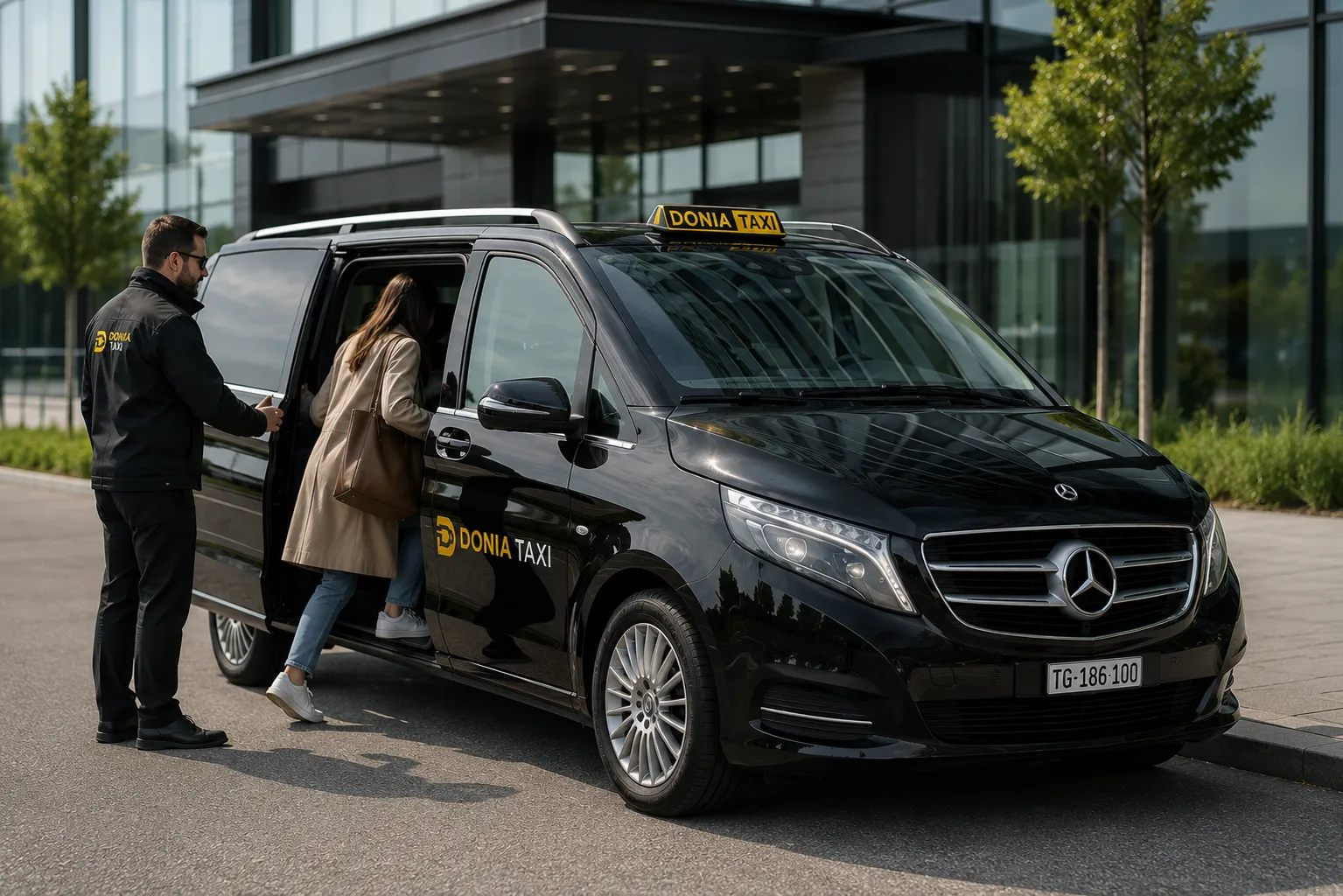 Fahrer von Donia Taxi hilft einem Fahrgast beim Einsteigen ins Fahrzeug