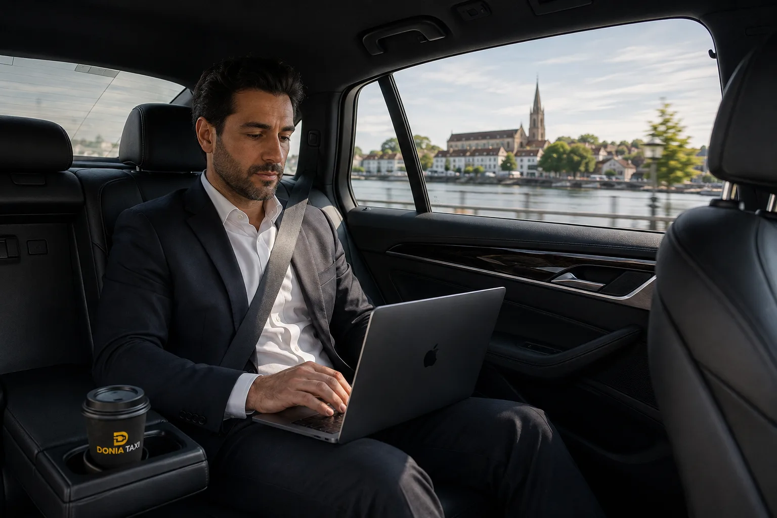 Fahrgast arbeitet am Laptop im Fond des Donia Taxi mit Blick auf den Bodensee