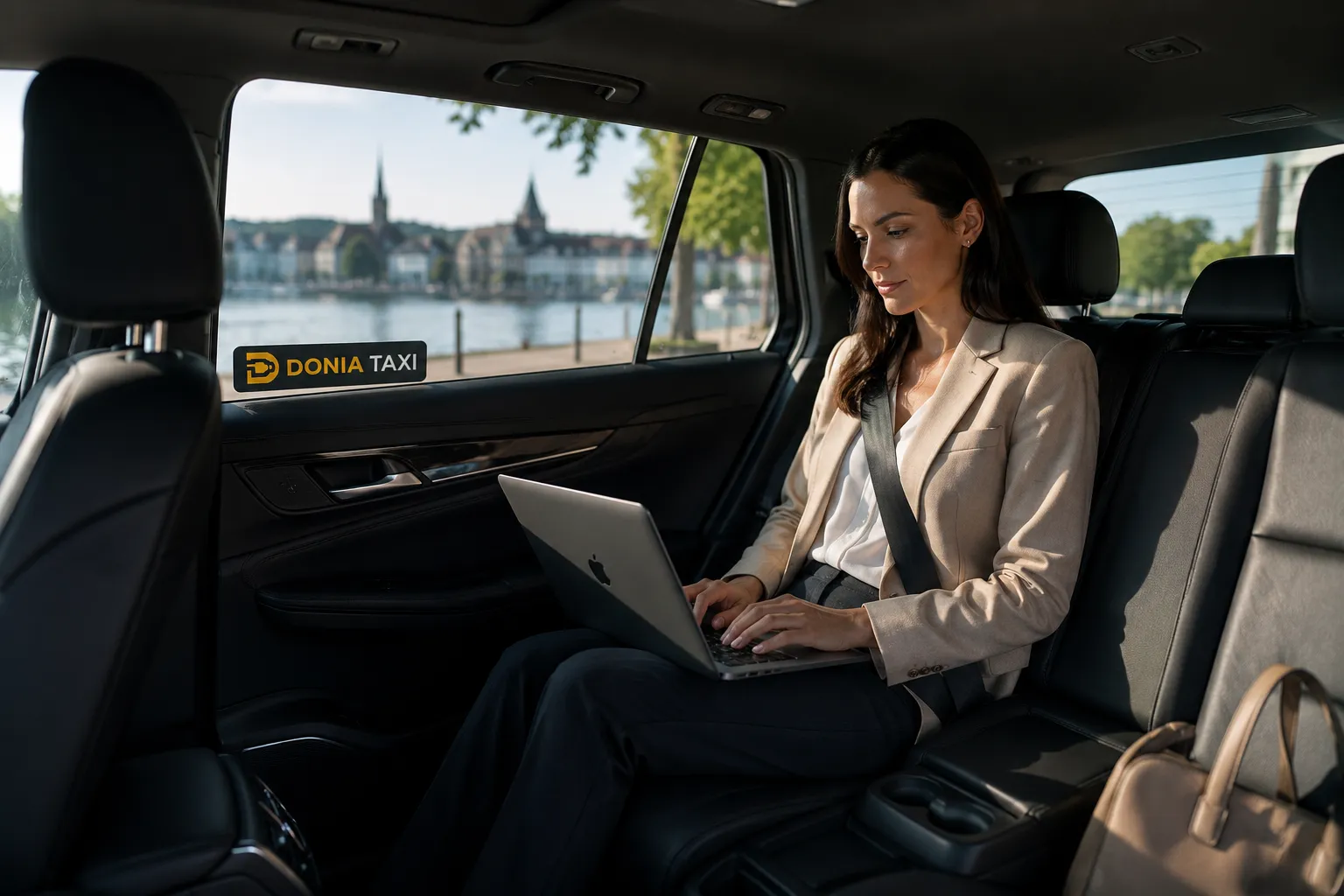Fahrgast arbeitet am Laptop im Donia Taxi mit Blick auf den Bodensee