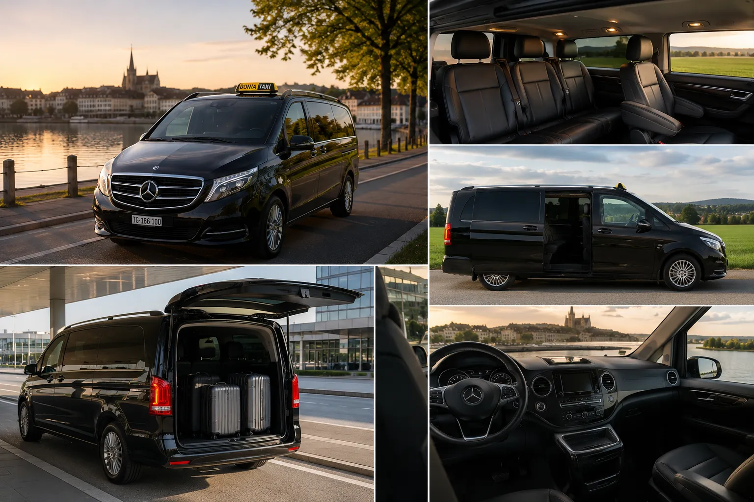 Mercedes-Benz Vito von Donia Taxi: Aussenansicht, Innenraum mit Ledersitzen, geöffnete Schiebetür und beladener Kofferraum