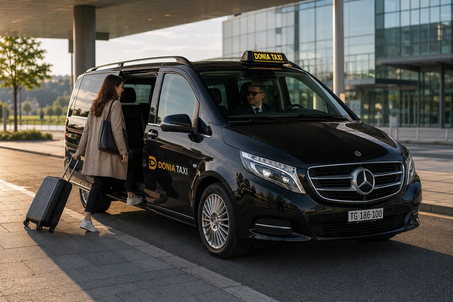 Fahrgast steigt mit Koffer vor dem Flughafenterminal in den Mercedes-Benz Vito von Donia Taxi