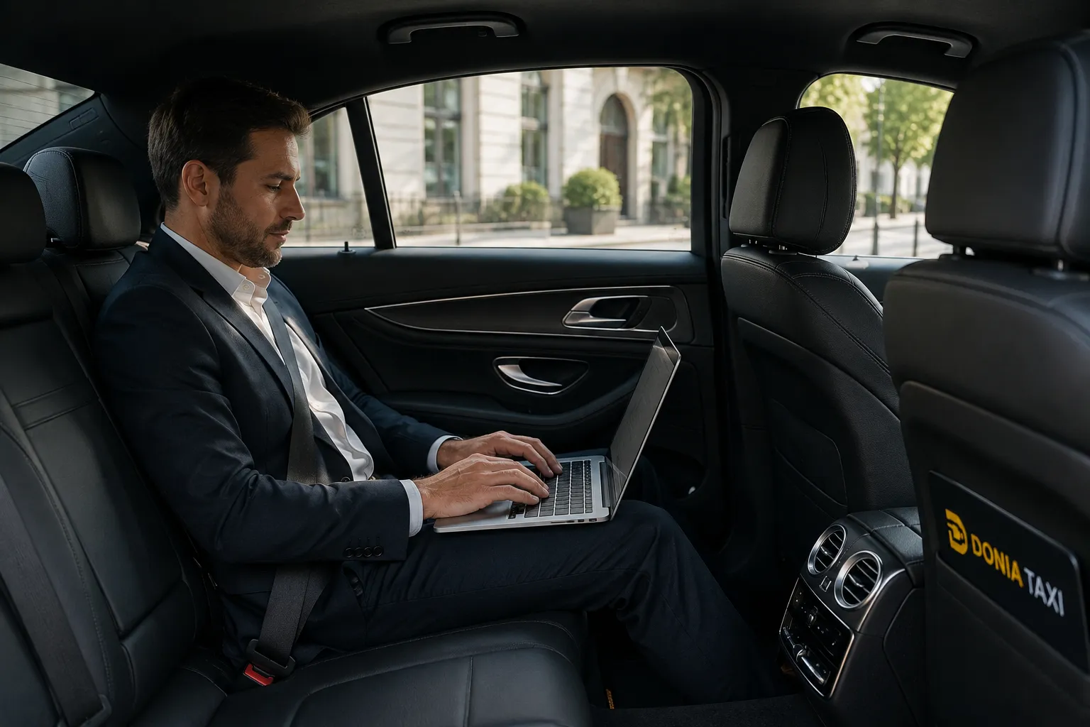 Geschäftsreisender arbeitet während der Fahrt im Fond des Donia Taxi am Laptop