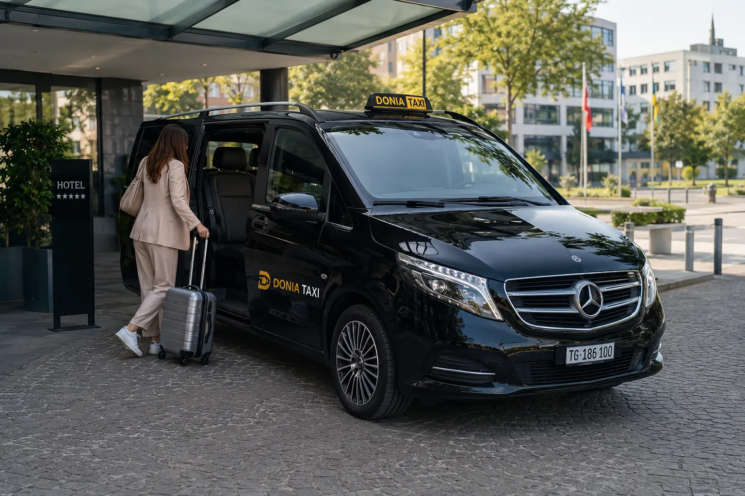 Fahrgast steigt vor einem Hotel in den Mercedes-Benz Vito von Donia Taxi ein