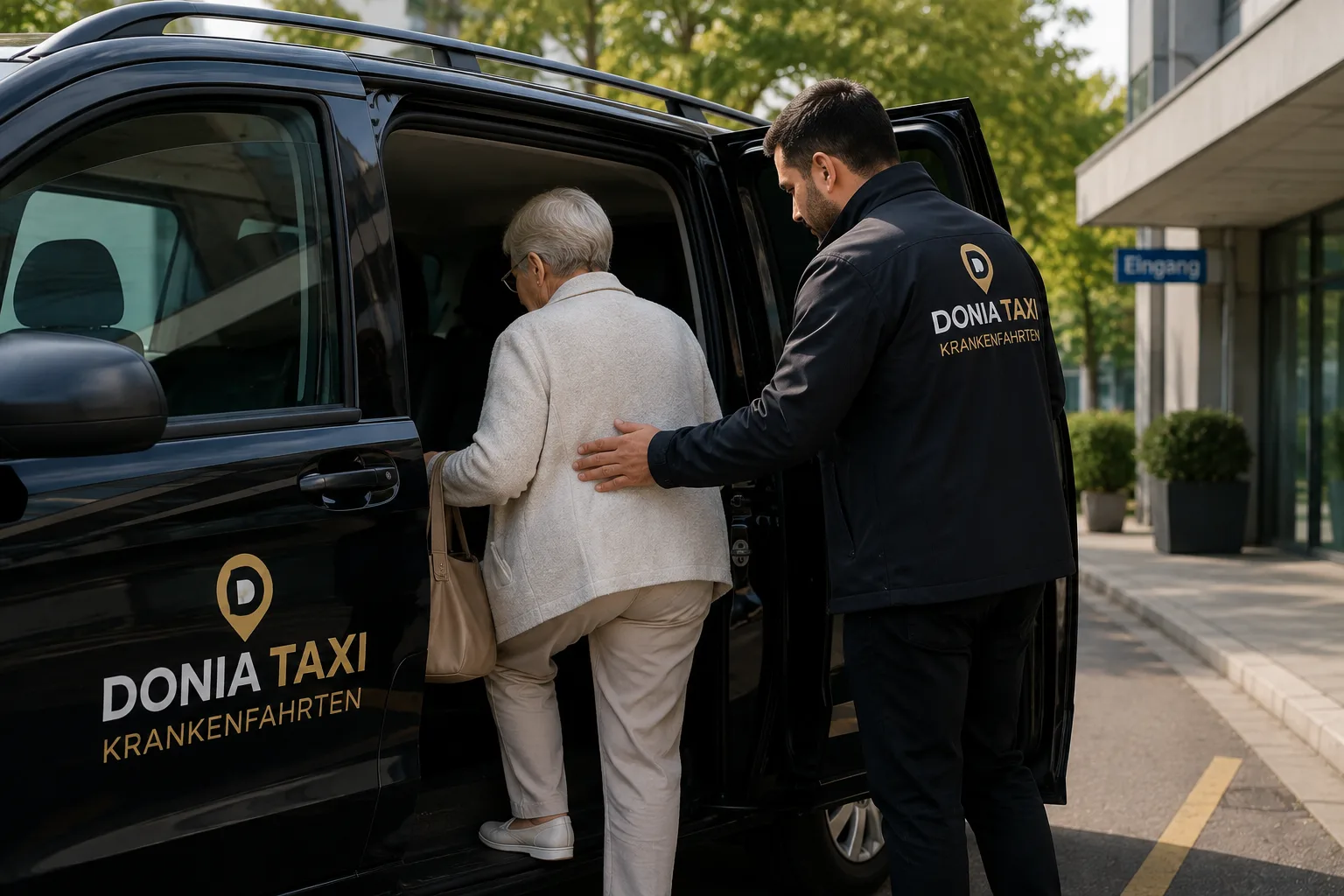 Fahrer von Donia Taxi stützt eine ältere Kundin beim Einsteigen vor dem Eingang einer Klinik